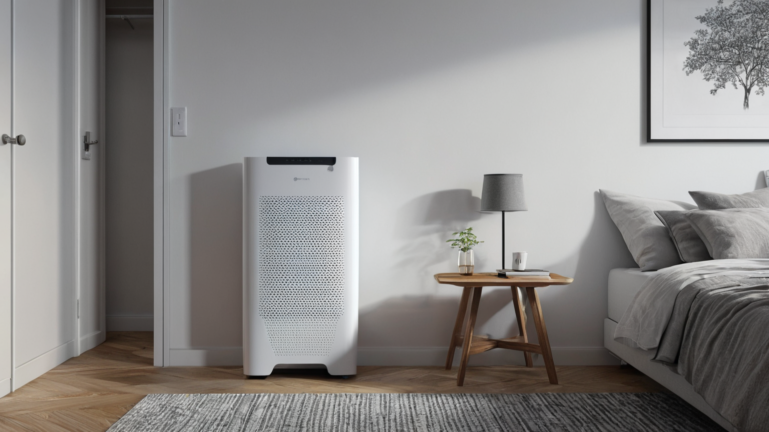 Bedroom moisture-control setup with dehumidifier and clear wall space