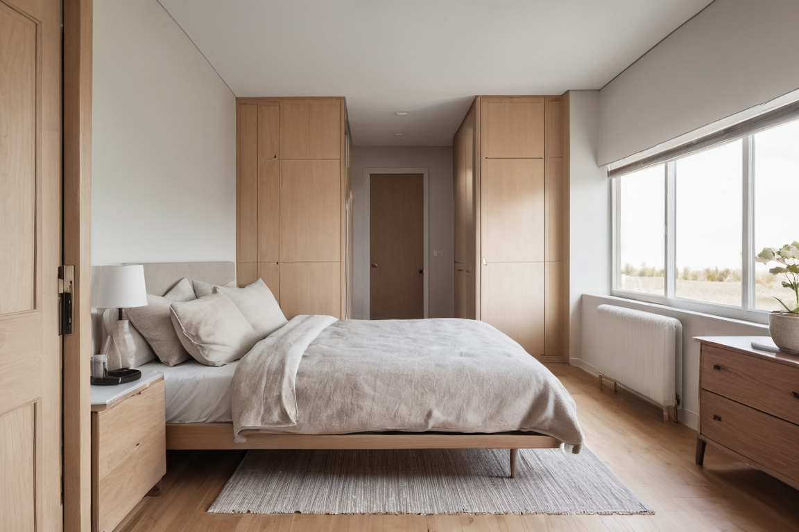Low bed and dresser arrangement with a visible route to the bedroom door