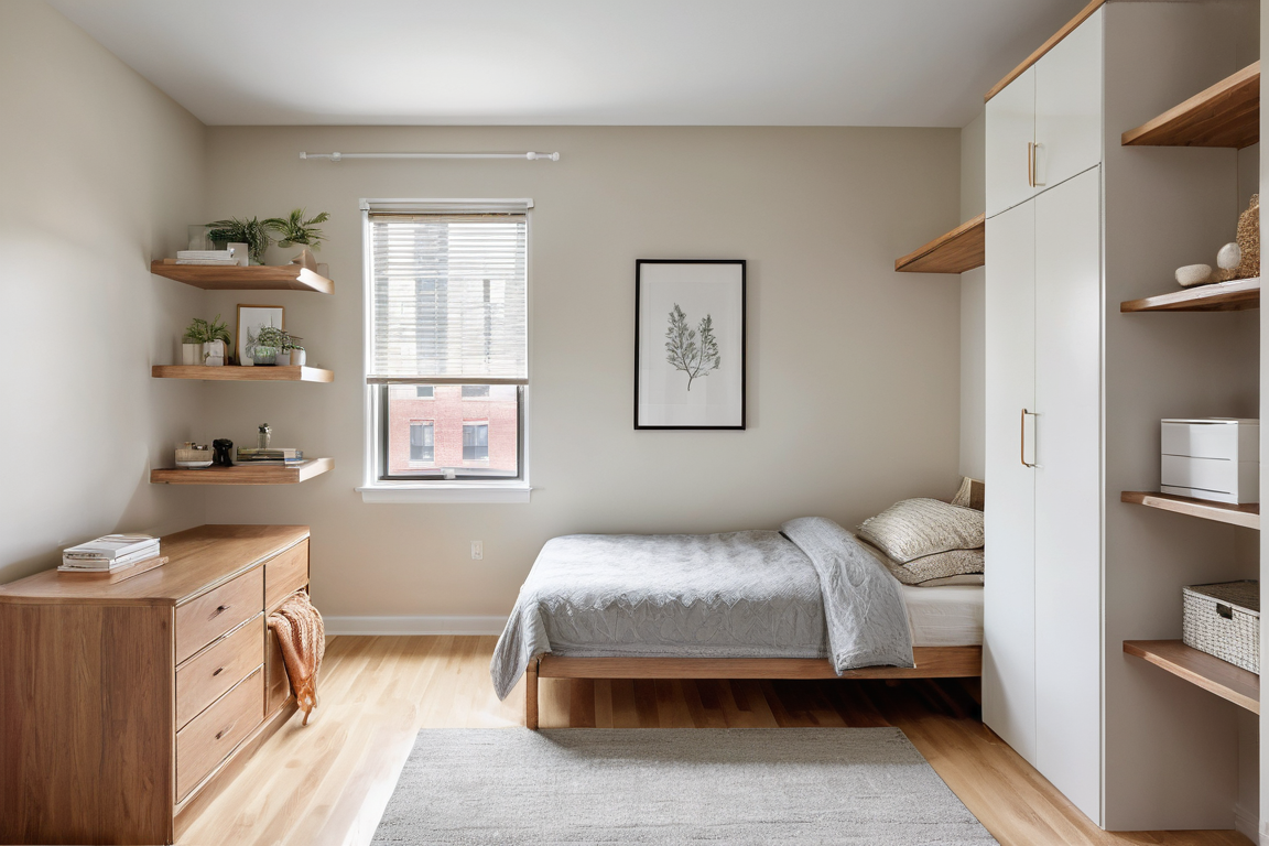 Finished compact bedroom with low storage, window access, and clear central floor