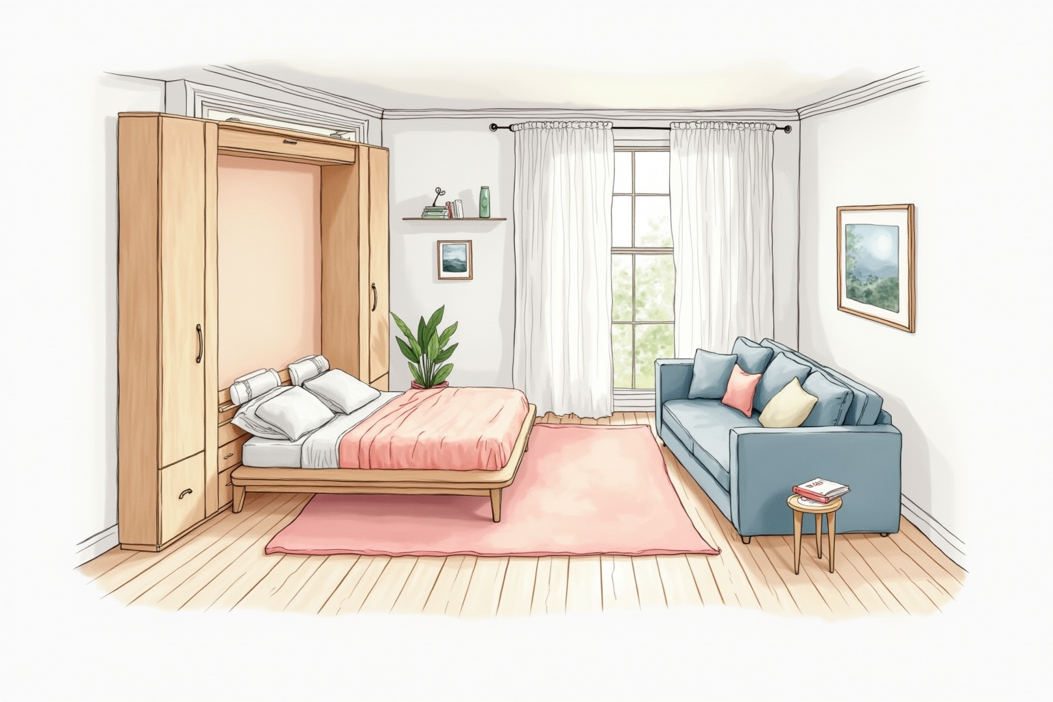 Murphy bed in modern small living room with sofa nearby