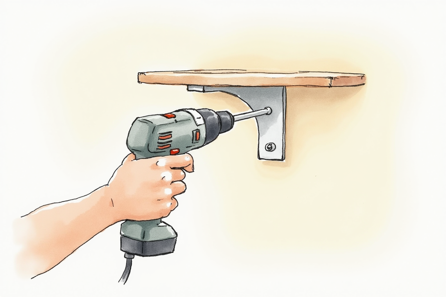 Hand installing wall shelf bracket with drill