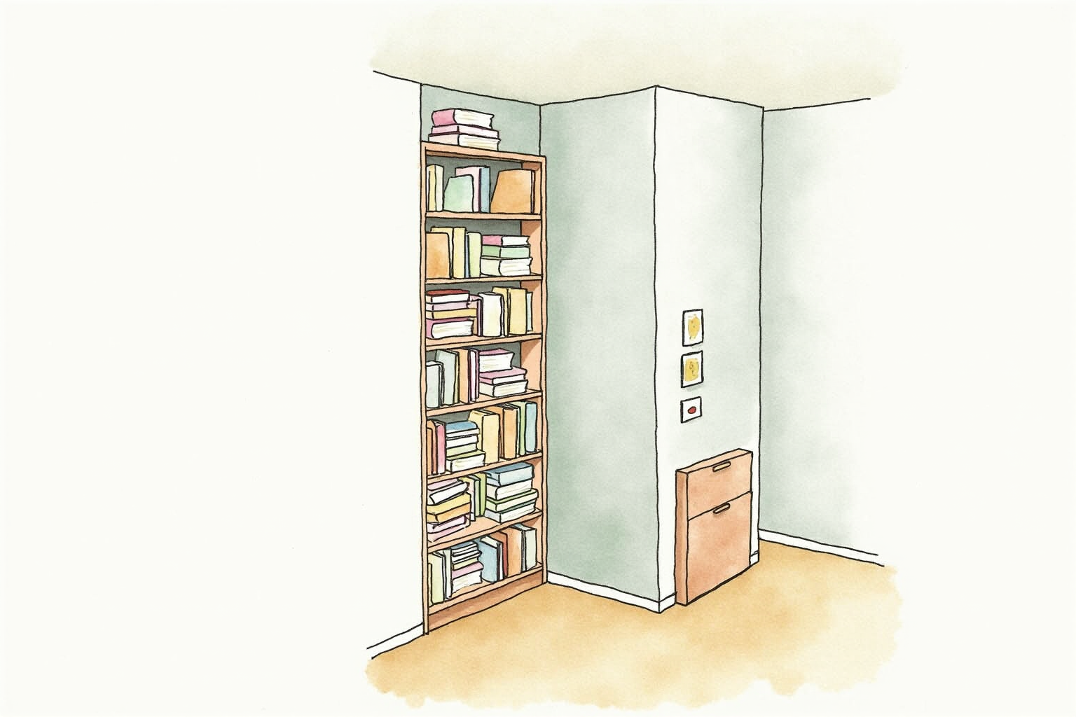 Tall narrow bookcase reaching to ceiling