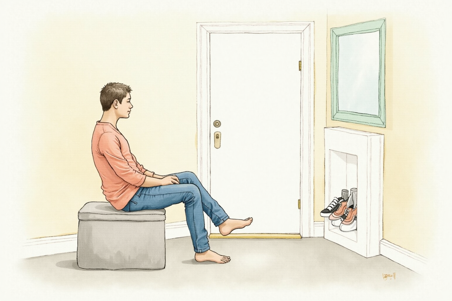 Person sitting on storage ottoman in entryway