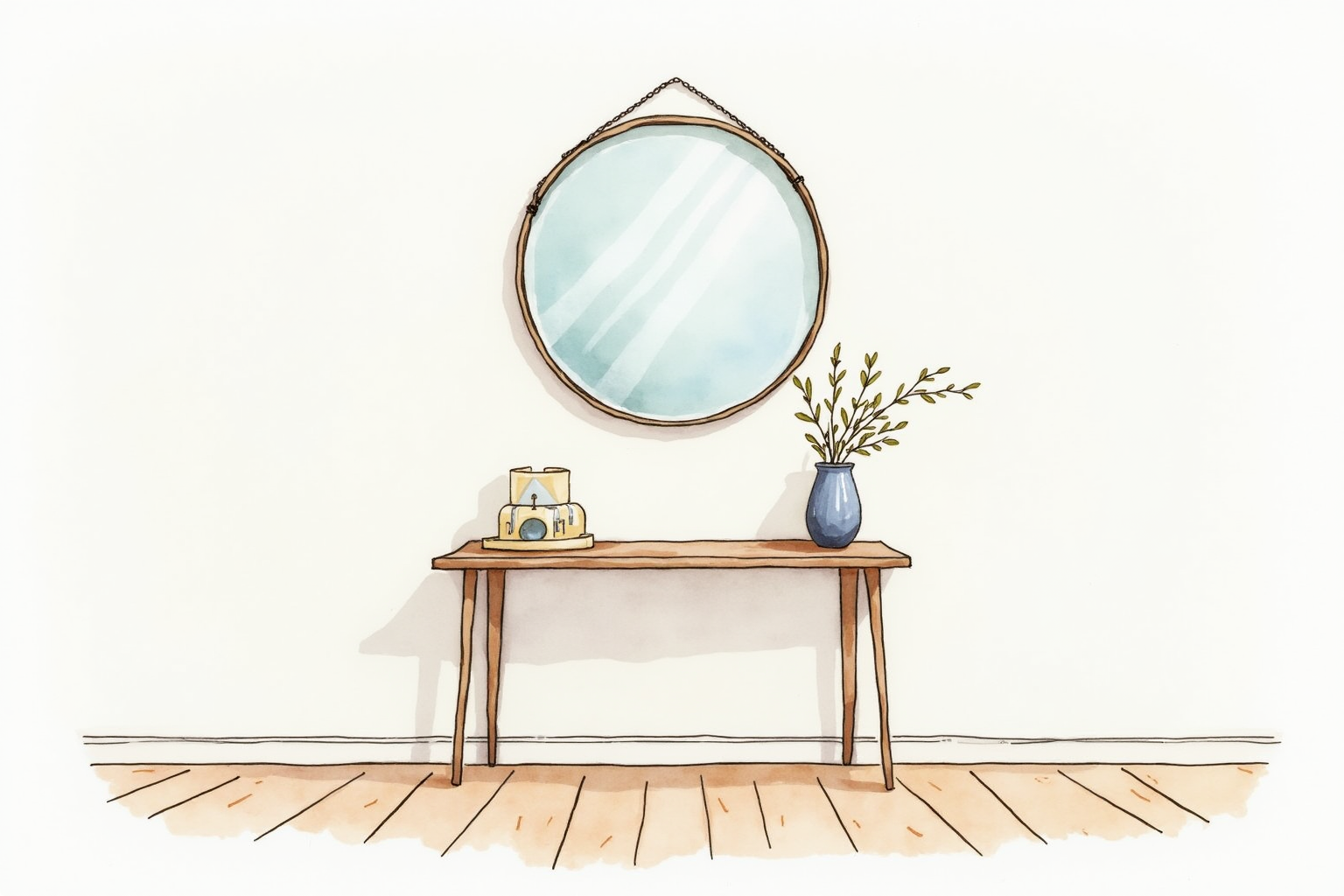 Round mirror above console table in entryway