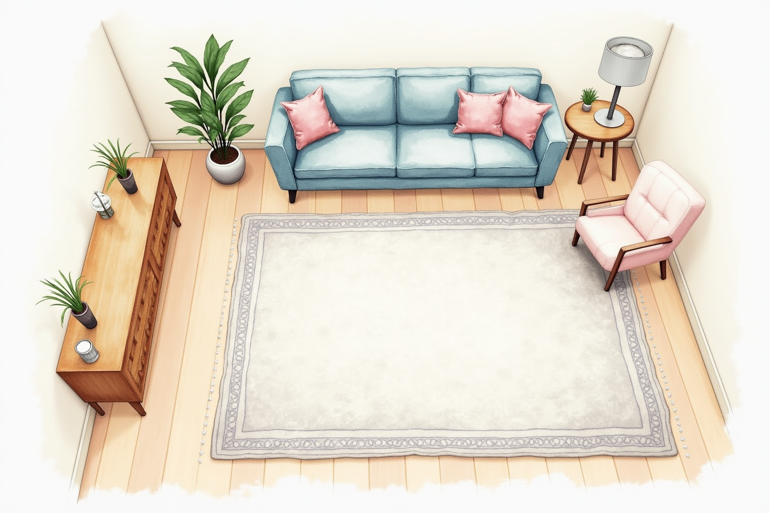 Large rug under entire seating area