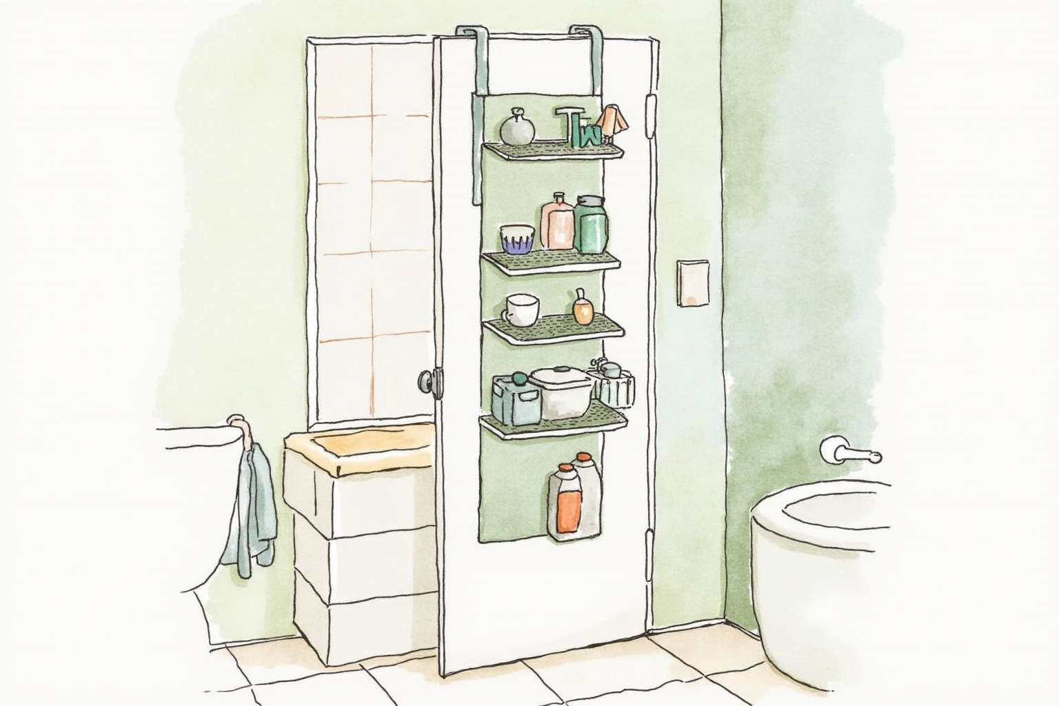 Behind-door hanging organizer in small bathroom