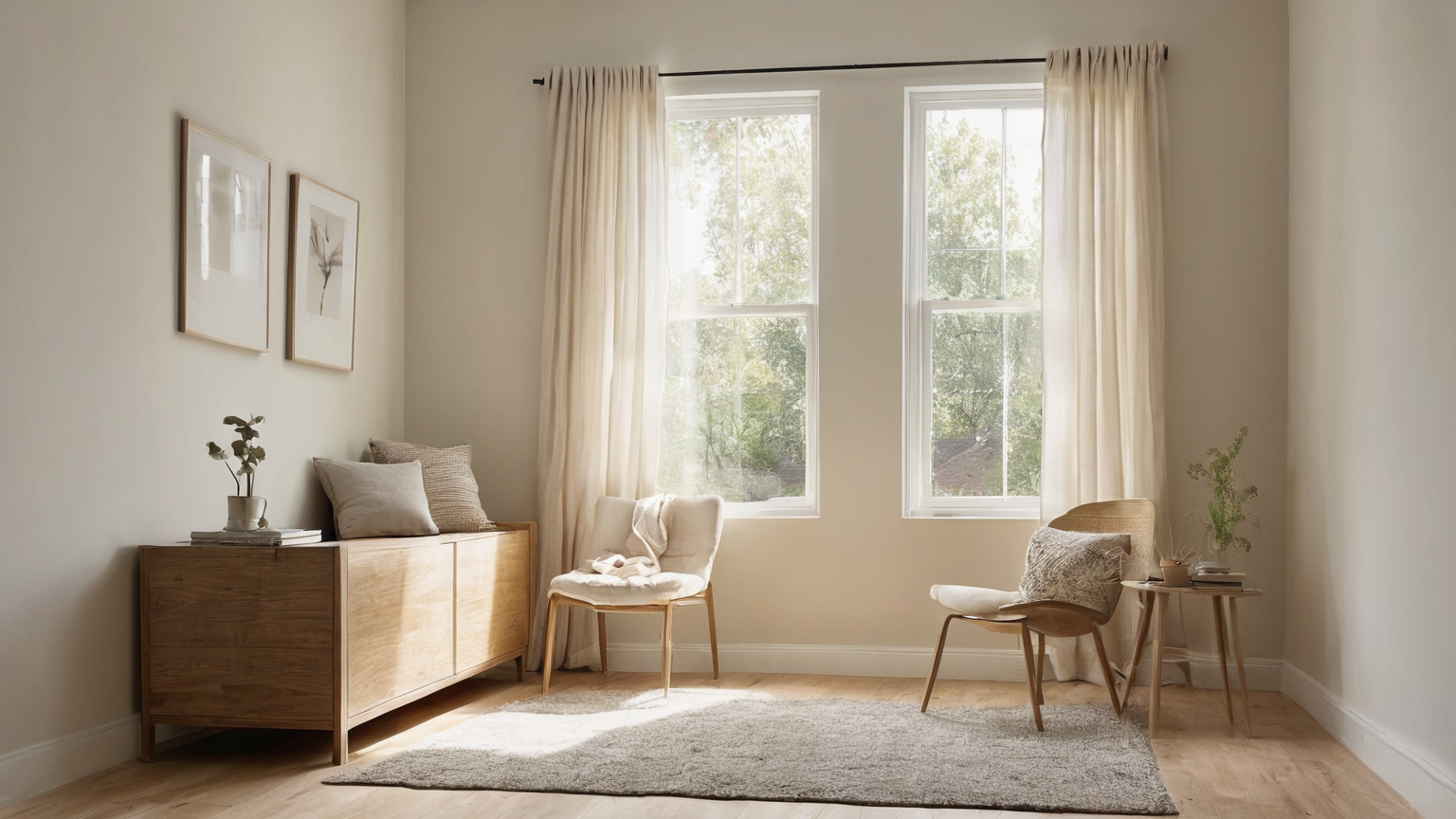 Calm window-seat layout with freestanding furniture