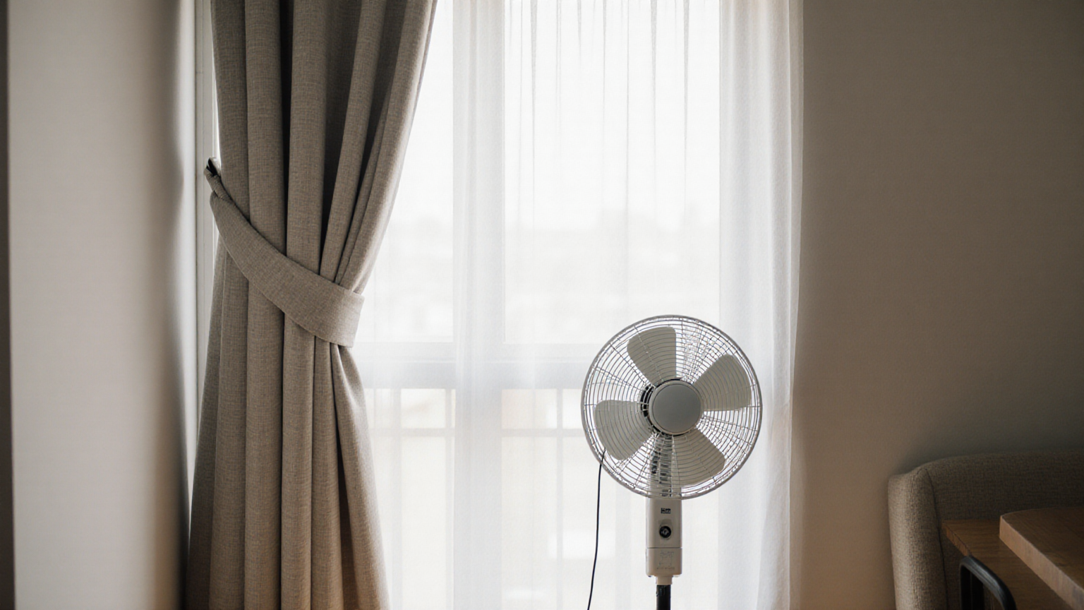 Portable fan and tied curtain away from the walkway