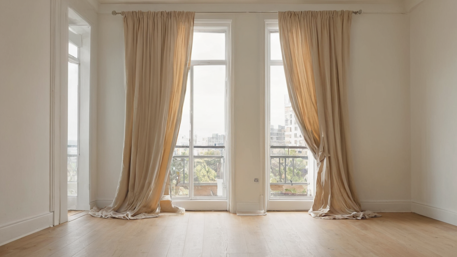 Curtains pulled clear of a balcony door