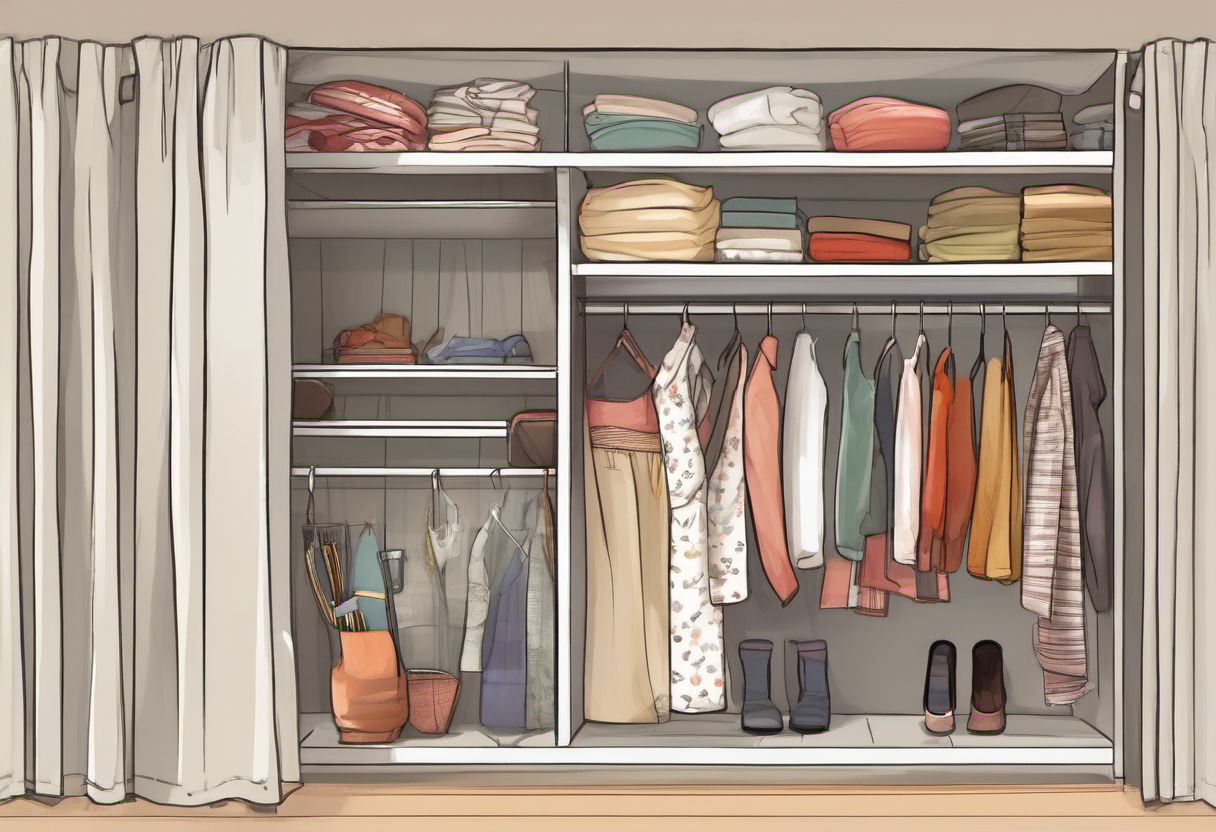 Organized shelf for seasonal curtain layers and clips