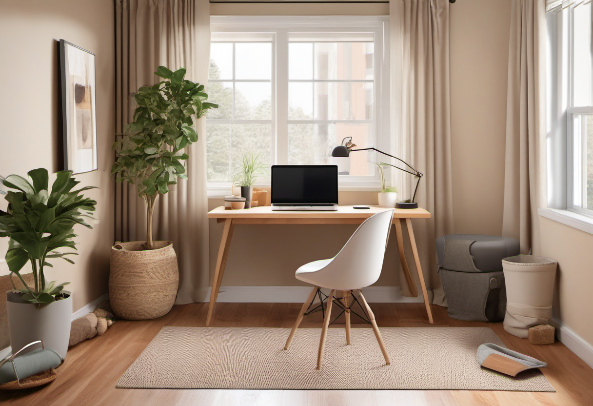 Studio apartment desk corner with low pile rug and quiet chair zone