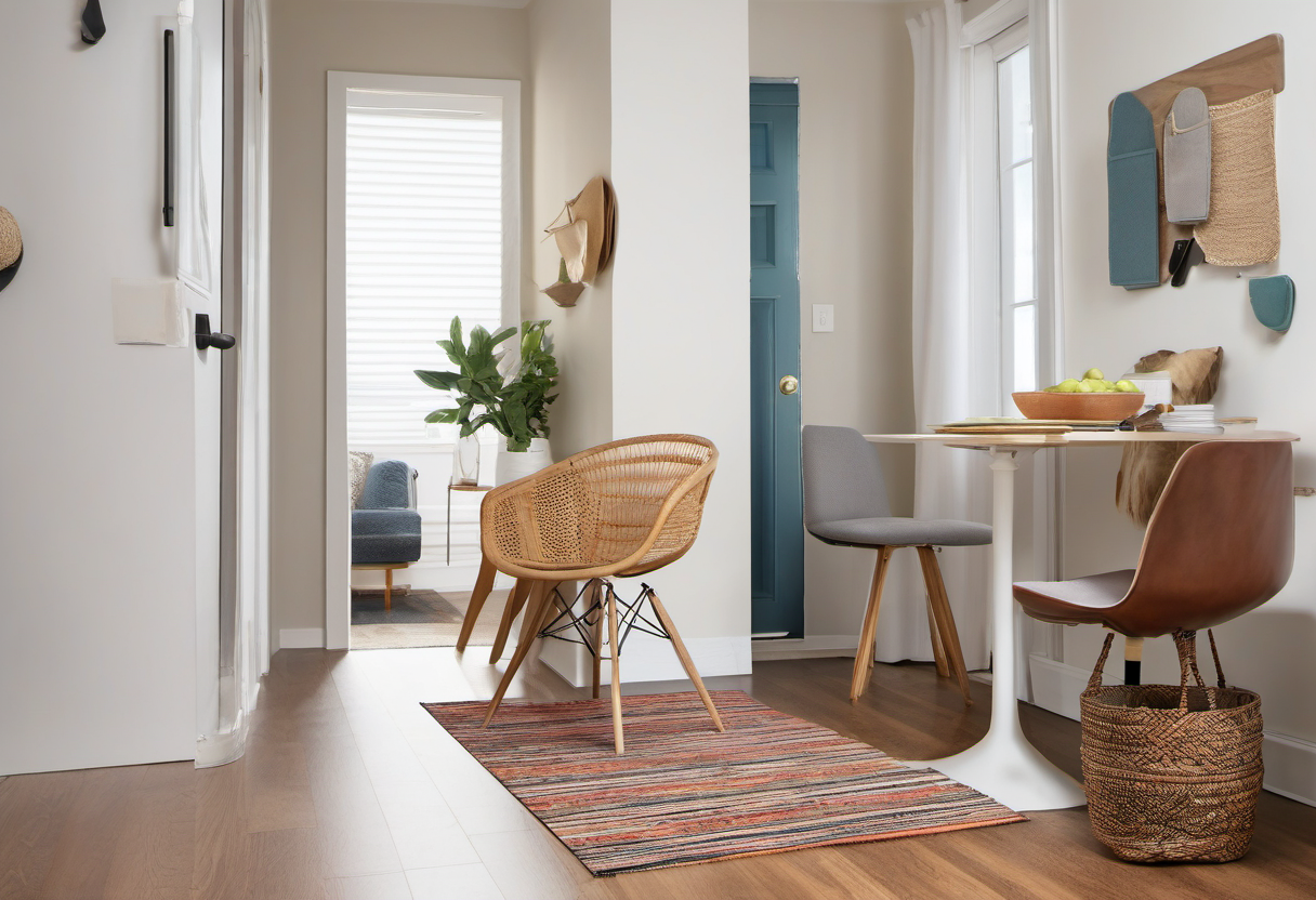Compact entry and dining nook with washable runner and chair-leg pads