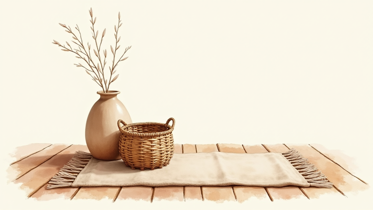 Watercolor illustration of layered area rug, woven basket, and ceramic vase on wooden floor