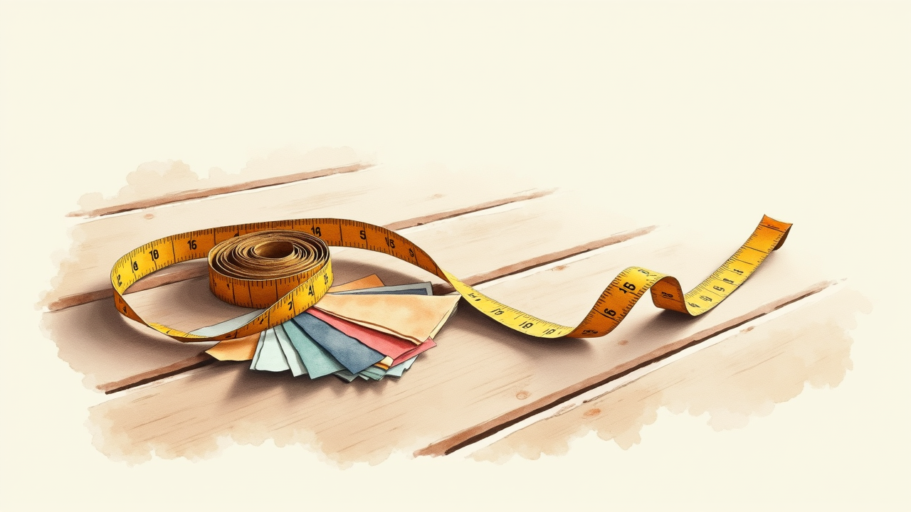 Watercolor illustration of vintage measuring tape on wooden floor with interior design swatches