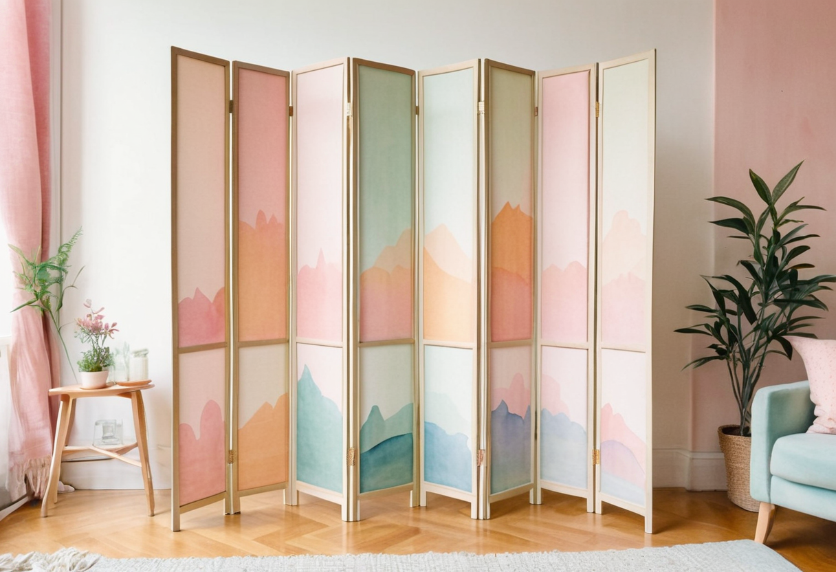 Watercolor illustration of an abstract folding screen on cream paper, top-down still life, no text, soft earth tones